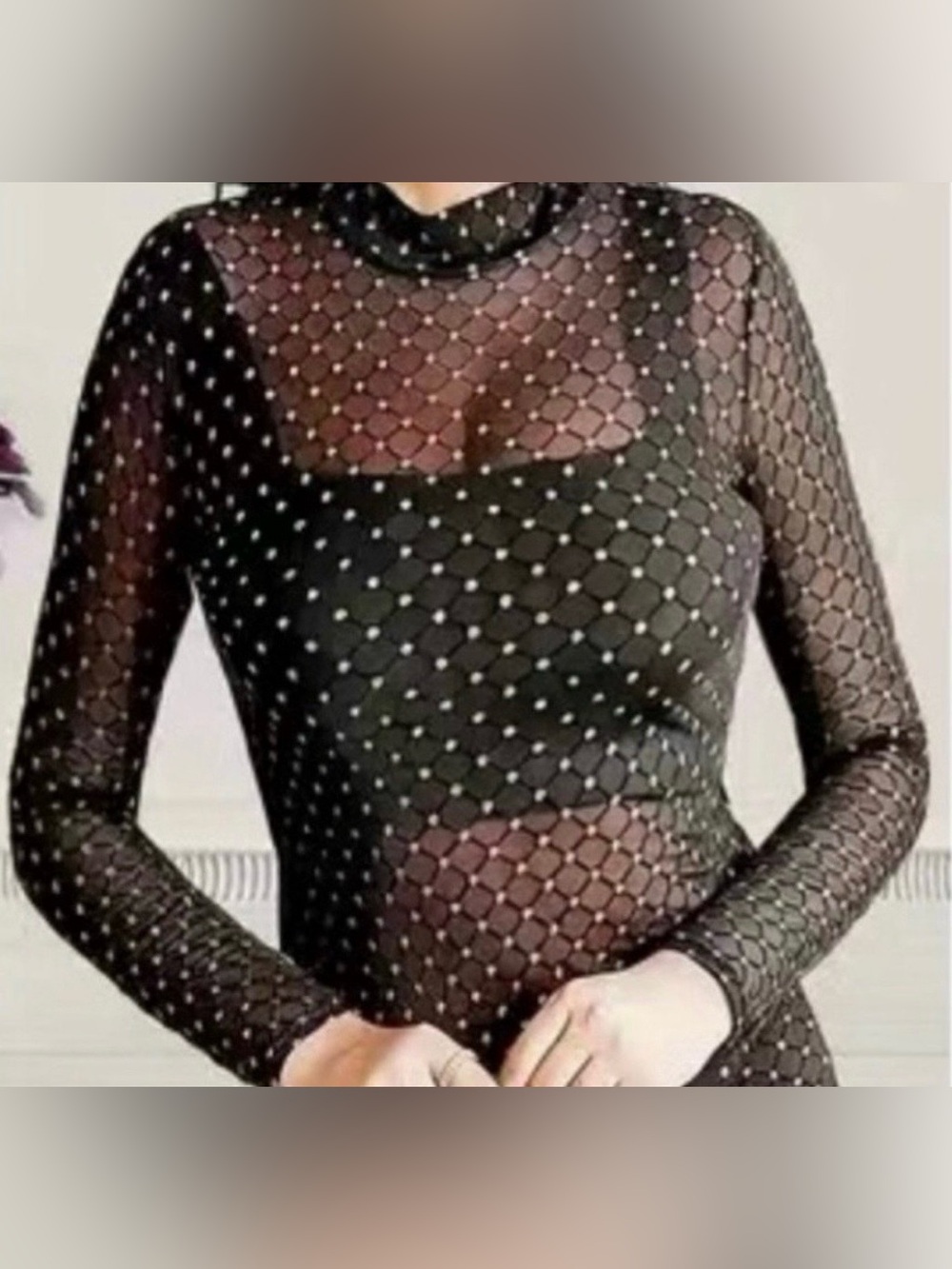 Sheer Black Long-Sleeve Mesh Top with Dot Embellishments - Y2K
